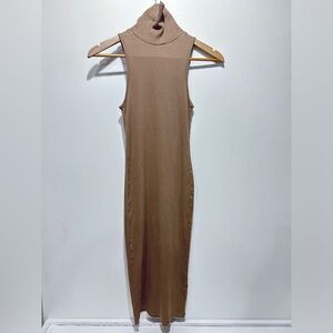 Zara Women’s Tan Ribbed Turtleneck Bodycon Sleeveless‎ Midi Dress Size S